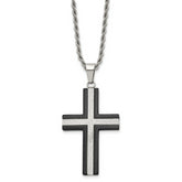 Chisel Stainless Steel Polished Black IP-plated Laser Cut Cross Pendant on a 24 inch Rope Chain Necklace